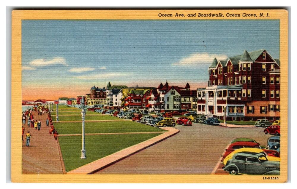 Ocean Grove NJ Boardwalk & Ocean Ave Vintage Linen Postcard Curteich Cars